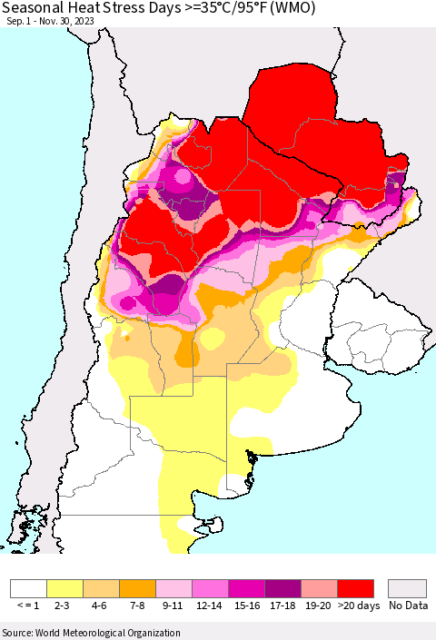 Southern South America Seasonal Heat Stress Days >=35°C/95°F (WMO) Thematic Map For 9/1/2023 - 11/30/2023