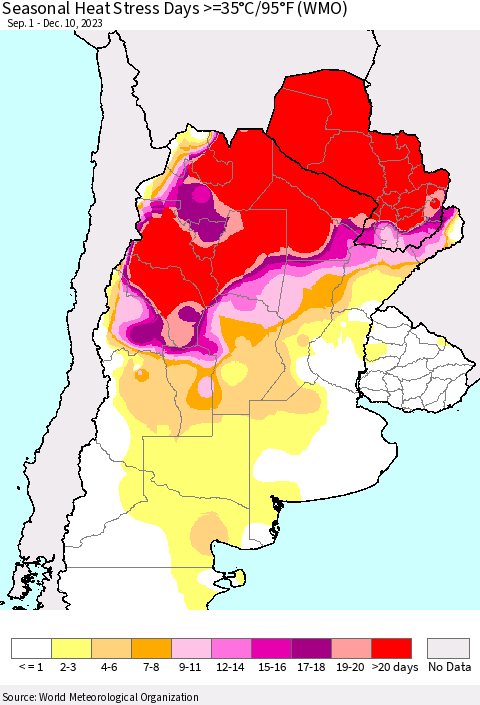 Southern South America Seasonal Heat Stress Days >=35°C/95°F (WMO) Thematic Map For 9/1/2023 - 12/10/2023