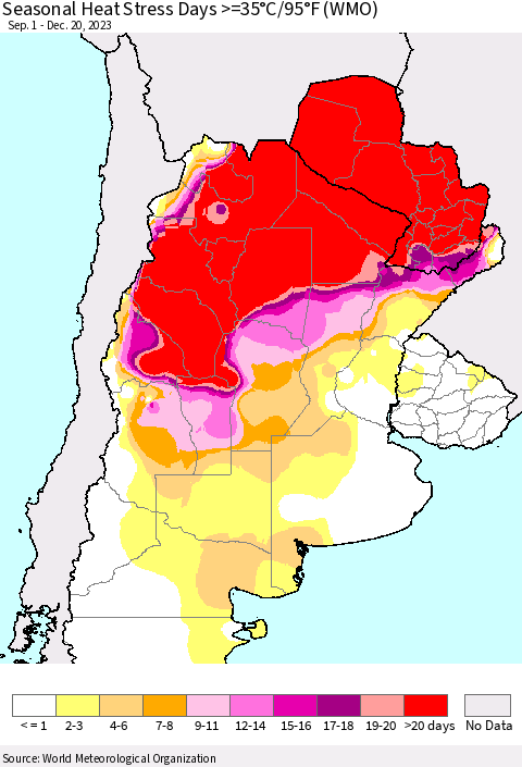 Southern South America Seasonal Heat Stress Days >=35°C/95°F (WMO) Thematic Map For 9/1/2023 - 12/20/2023