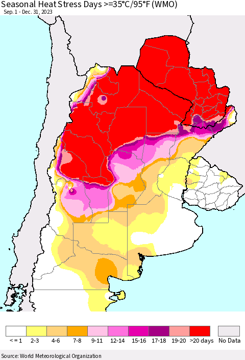 Southern South America Seasonal Heat Stress Days >=35°C/95°F (WMO) Thematic Map For 9/1/2023 - 12/31/2023