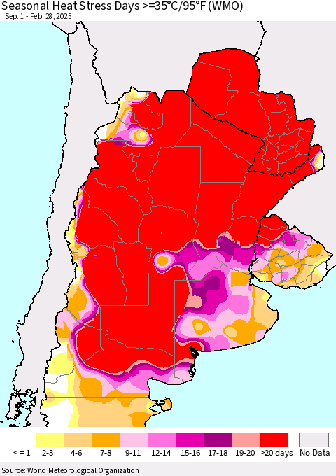 Southern South America Seasonal Heat Stress Days >=35°C/95°F (WMO) Thematic Map For 9/1/2024 - 2/28/2025