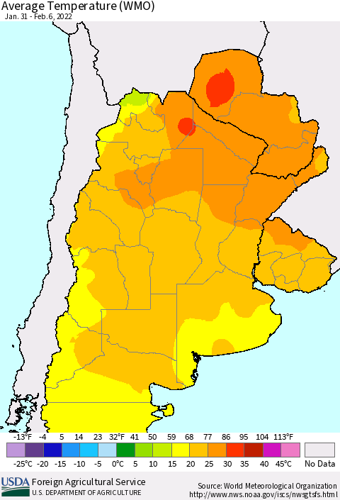 Southern South America Average Temperature (WMO) Thematic Map For 1/31/2022 - 2/6/2022