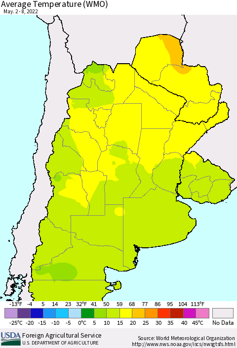 Southern South America Average Temperature (WMO) Thematic Map For 5/2/2022 - 5/8/2022