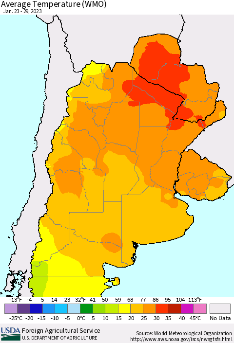 Southern South America Average Temperature (WMO) Thematic Map For 1/23/2023 - 1/29/2023