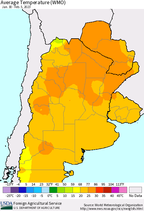 Southern South America Average Temperature (WMO) Thematic Map For 1/30/2023 - 2/5/2023