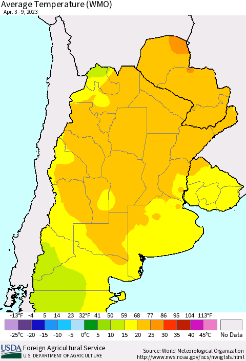 Southern South America Average Temperature (WMO) Thematic Map For 4/3/2023 - 4/9/2023