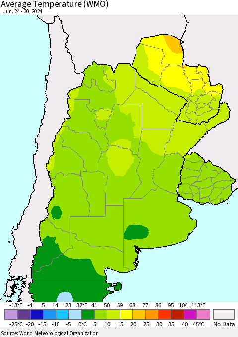 Southern South America Average Temperature (WMO) Thematic Map For 6/24/2024 - 6/30/2024