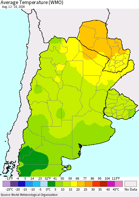 Southern South America Average Temperature (WMO) Thematic Map For 8/12/2024 - 8/18/2024