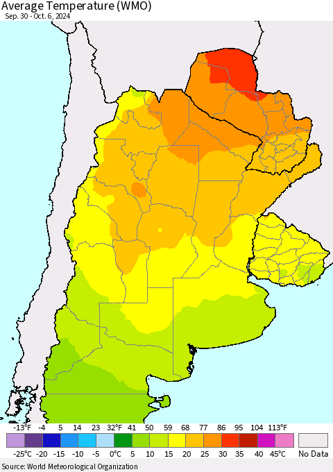 Southern South America Average Temperature (WMO) Thematic Map For 9/30/2024 - 10/6/2024