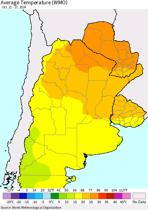 Southern South America Average Temperature (WMO) Thematic Map For 10/21/2024 - 10/27/2024