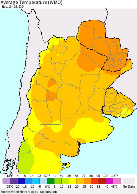 Southern South America Average Temperature (WMO) Thematic Map For 11/18/2024 - 11/24/2024