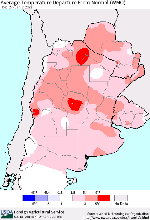 Southern South America Average Temperature Departure from Normal (WMO) Thematic Map For 12/27/2021 - 1/2/2022