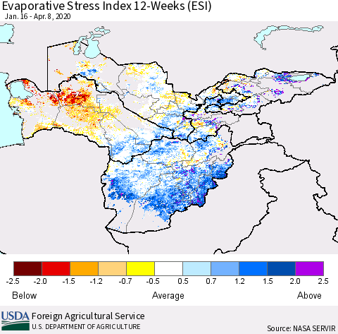 Central Asia Evaporative Stress Index (ESI), 12-Weeks Thematic Map For 4/6/2020 - 4/12/2020