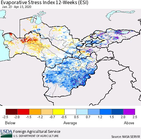 Central Asia Evaporative Stress Index (ESI), 12-Weeks Thematic Map For 4/13/2020 - 4/19/2020