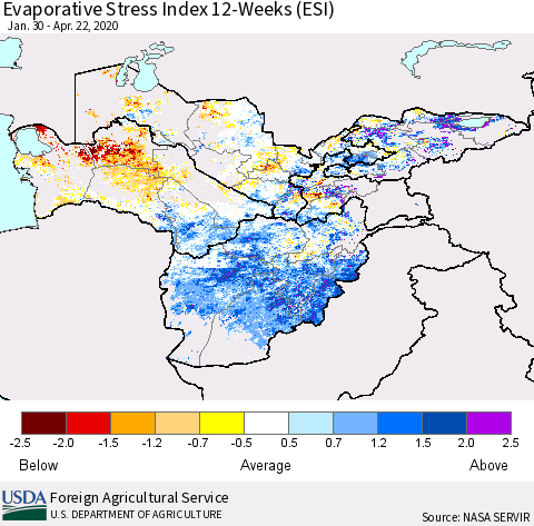 Central Asia Evaporative Stress Index (ESI), 12-Weeks Thematic Map For 4/20/2020 - 4/26/2020