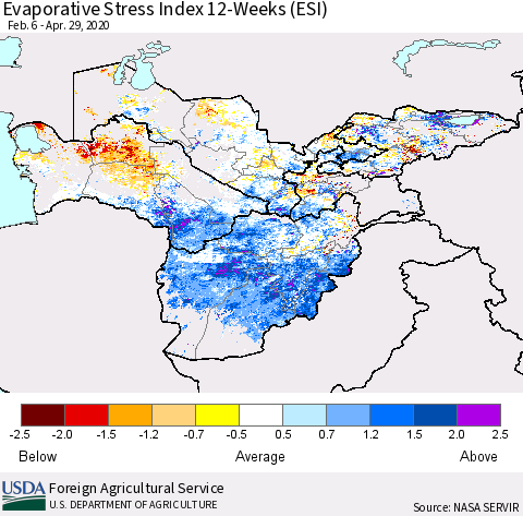 Central Asia Evaporative Stress Index (ESI), 12-Weeks Thematic Map For 4/27/2020 - 5/3/2020
