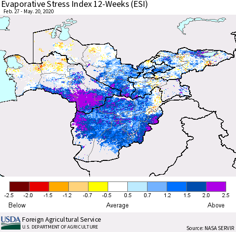 Central Asia Evaporative Stress Index (ESI), 12-Weeks Thematic Map For 5/18/2020 - 5/24/2020
