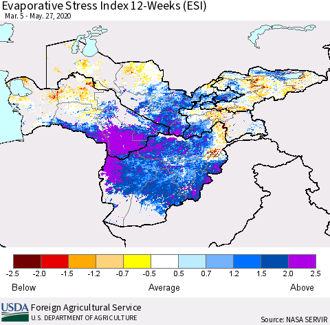 Central Asia Evaporative Stress Index (ESI), 12-Weeks Thematic Map For 5/25/2020 - 5/31/2020