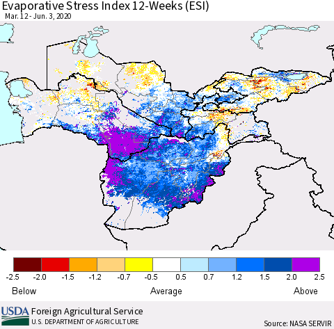 Central Asia Evaporative Stress Index (ESI), 12-Weeks Thematic Map For 6/1/2020 - 6/7/2020