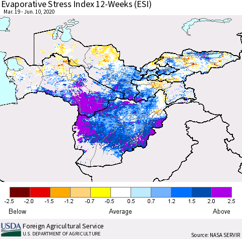 Central Asia Evaporative Stress Index (ESI), 12-Weeks Thematic Map For 6/8/2020 - 6/14/2020