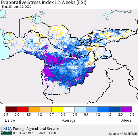 Central Asia Evaporative Stress Index (ESI), 12-Weeks Thematic Map For 6/15/2020 - 6/21/2020