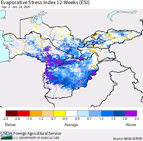 Central Asia Evaporative Stress Index (ESI), 12-Weeks Thematic Map For 6/22/2020 - 6/28/2020