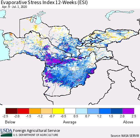 Central Asia Evaporative Stress Index (ESI), 12-Weeks Thematic Map For 6/29/2020 - 7/5/2020