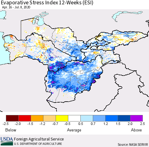 Central Asia Evaporative Stress Index (ESI), 12-Weeks Thematic Map For 7/6/2020 - 7/12/2020