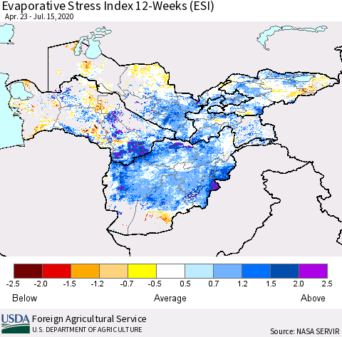Central Asia Evaporative Stress Index (ESI), 12-Weeks Thematic Map For 7/13/2020 - 7/19/2020
