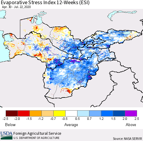 Central Asia Evaporative Stress Index (ESI), 12-Weeks Thematic Map For 7/20/2020 - 7/26/2020