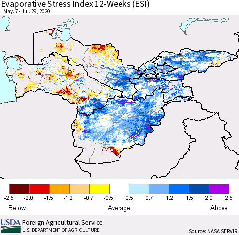Central Asia Evaporative Stress Index (ESI), 12-Weeks Thematic Map For 7/27/2020 - 8/2/2020