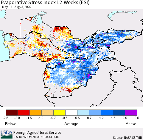 Central Asia Evaporative Stress Index (ESI), 12-Weeks Thematic Map For 8/3/2020 - 8/9/2020