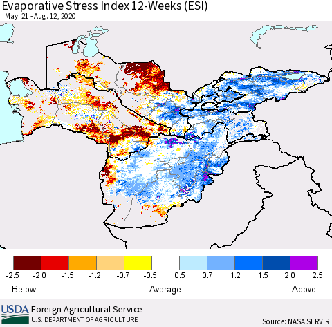 Central Asia Evaporative Stress Index (ESI), 12-Weeks Thematic Map For 8/10/2020 - 8/16/2020