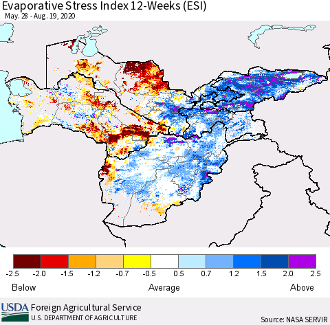 Central Asia Evaporative Stress Index (ESI), 12-Weeks Thematic Map For 8/17/2020 - 8/23/2020