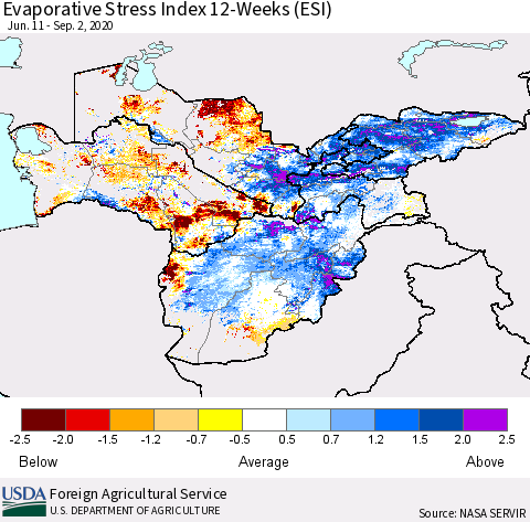 Central Asia Evaporative Stress Index (ESI), 12-Weeks Thematic Map For 8/31/2020 - 9/6/2020
