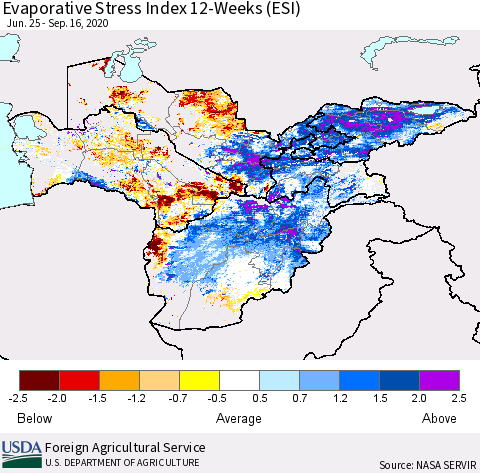 Central Asia Evaporative Stress Index (ESI), 12-Weeks Thematic Map For 9/14/2020 - 9/20/2020