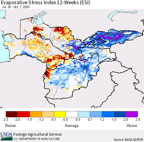 Central Asia Evaporative Stress Index (ESI), 12-Weeks Thematic Map For 10/5/2020 - 10/11/2020