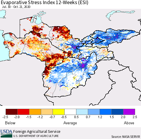 Central Asia Evaporative Stress Index (ESI), 12-Weeks Thematic Map For 10/19/2020 - 10/25/2020