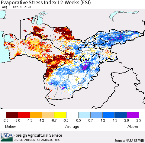 Central Asia Evaporative Stress Index (ESI), 12-Weeks Thematic Map For 10/26/2020 - 11/1/2020