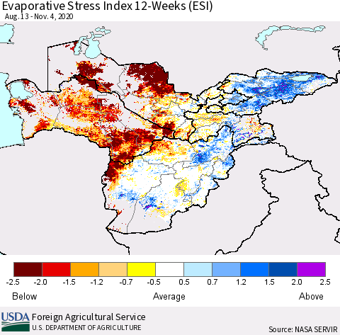 Central Asia Evaporative Stress Index (ESI), 12-Weeks Thematic Map For 11/2/2020 - 11/8/2020
