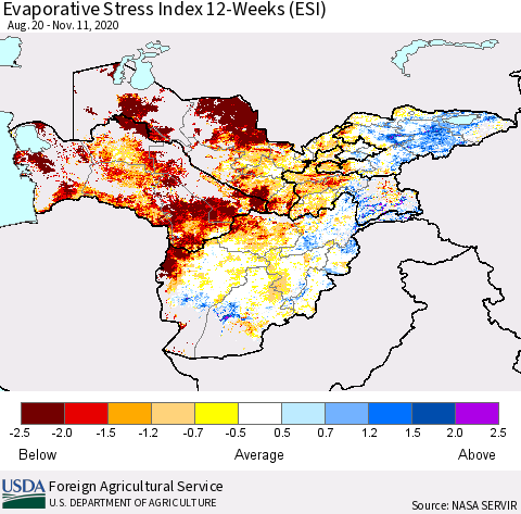 Central Asia Evaporative Stress Index (ESI), 12-Weeks Thematic Map For 11/9/2020 - 11/15/2020