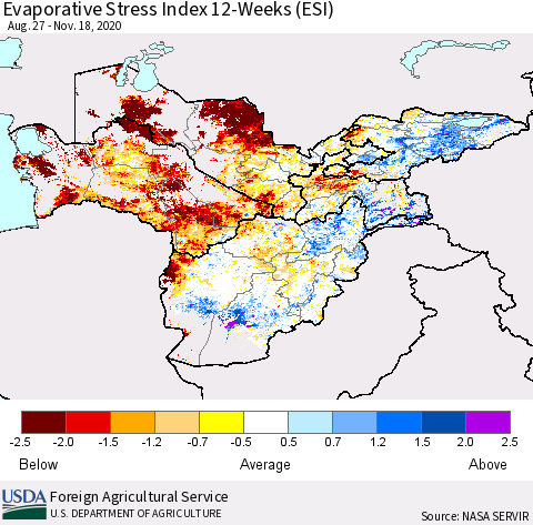Central Asia Evaporative Stress Index (ESI), 12-Weeks Thematic Map For 11/16/2020 - 11/22/2020