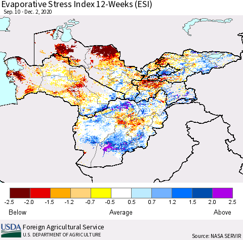 Central Asia Evaporative Stress Index (ESI), 12-Weeks Thematic Map For 11/30/2020 - 12/6/2020