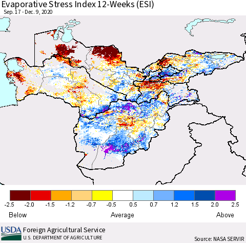Central Asia Evaporative Stress Index (ESI), 12-Weeks Thematic Map For 12/7/2020 - 12/13/2020