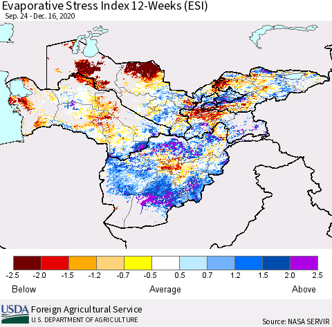 Central Asia Evaporative Stress Index (ESI), 12-Weeks Thematic Map For 12/14/2020 - 12/20/2020