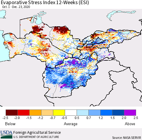 Central Asia Evaporative Stress Index (ESI), 12-Weeks Thematic Map For 12/21/2020 - 12/27/2020