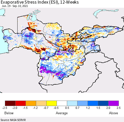 Central Asia Evaporative Stress Index (ESI), 12-Weeks Thematic Map For 9/6/2021 - 9/12/2021