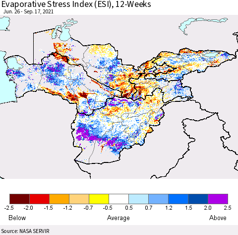 Central Asia Evaporative Stress Index (ESI), 12-Weeks Thematic Map For 9/13/2021 - 9/19/2021
