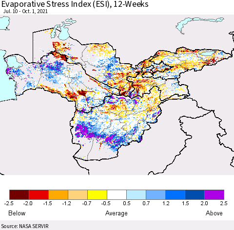 Central Asia Evaporative Stress Index (ESI), 12-Weeks Thematic Map For 9/27/2021 - 10/3/2021