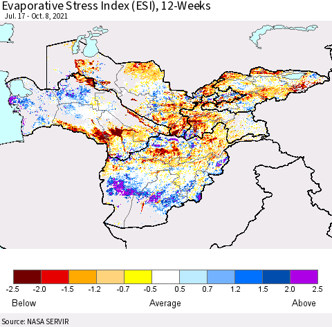 Central Asia Evaporative Stress Index (ESI), 12-Weeks Thematic Map For 10/4/2021 - 10/10/2021